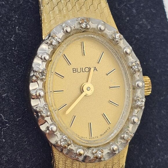 VTG Bulova Swiss Women\'s Watch 18MM Gold Dial Gold Bracelet Band 6\